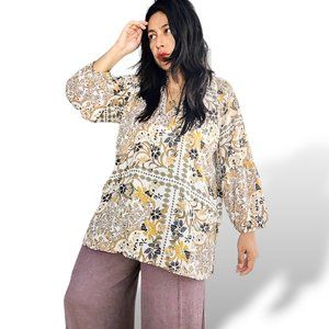 Johnny Was floral paisley 100% silk balloon sleeve boho tunic top size L